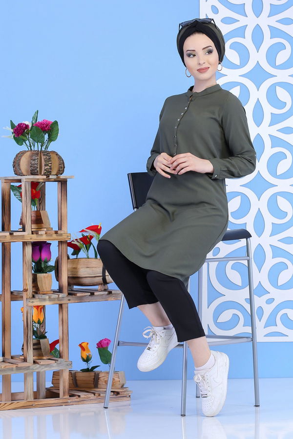 Düz Orta Kadın Haki Çıtçıtlı Tunik Haki - 02 7324 - 7324