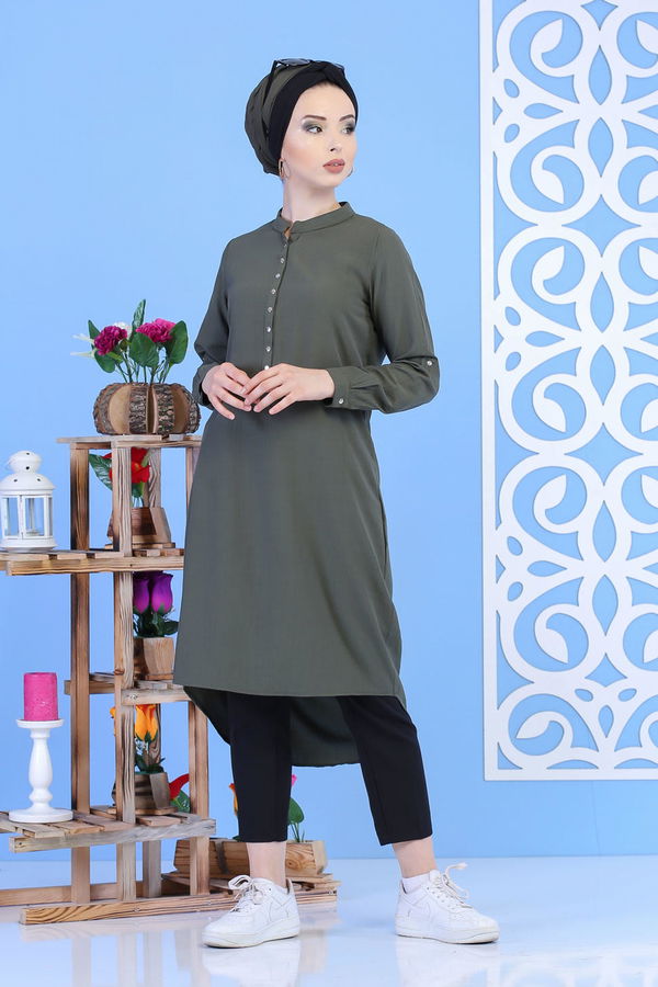 Düz Orta Kadın Haki Çıtçıtlı Tunik Haki - 02 7324 - 7324