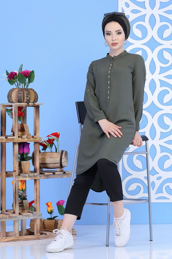 Düz Orta Kadın Haki Çıtçıtlı Tunik Haki - 02 7324 - 7324