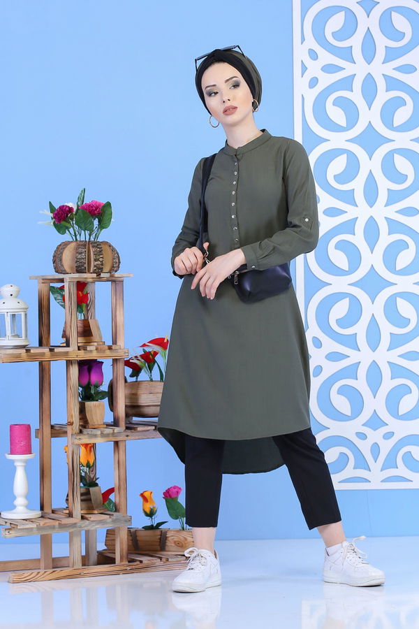 Düz Orta Kadın Haki Çıtçıtlı Tunik Haki - 02 7324 - 7324