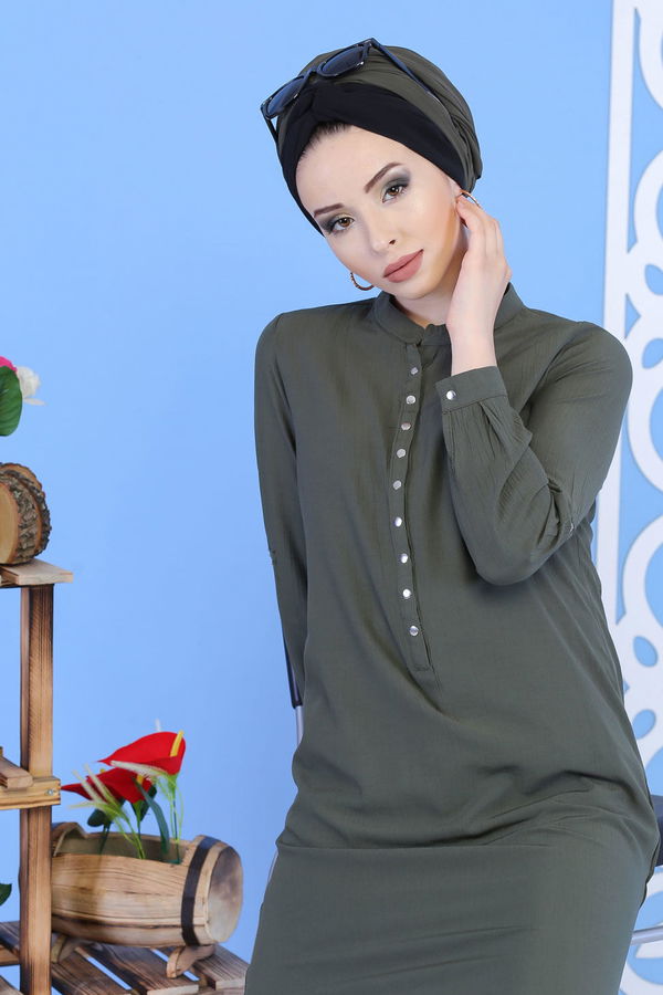 Düz Orta Kadın Haki Çıtçıtlı Tunik Haki - 02 7324 - 7324