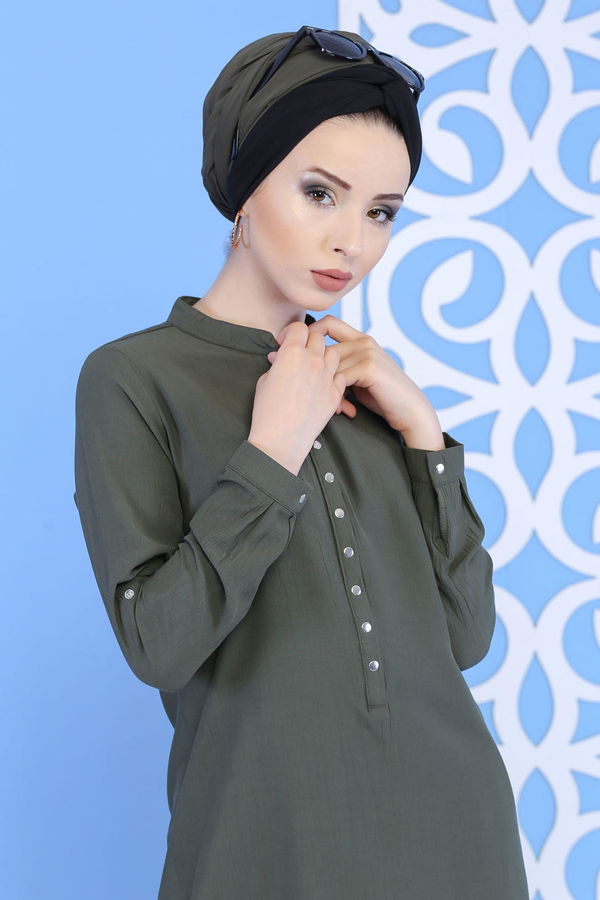 Düz Orta Kadın Haki Çıtçıtlı Tunik Haki - 02 7324 - 7324