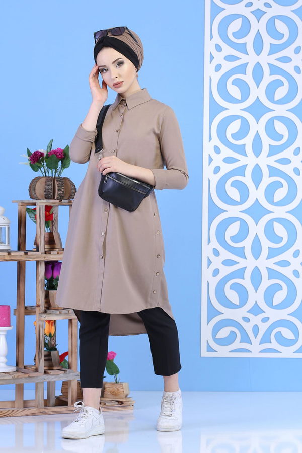 Düz Orta Kadın Vizon Gömlek Tunik Siyah  - 7236