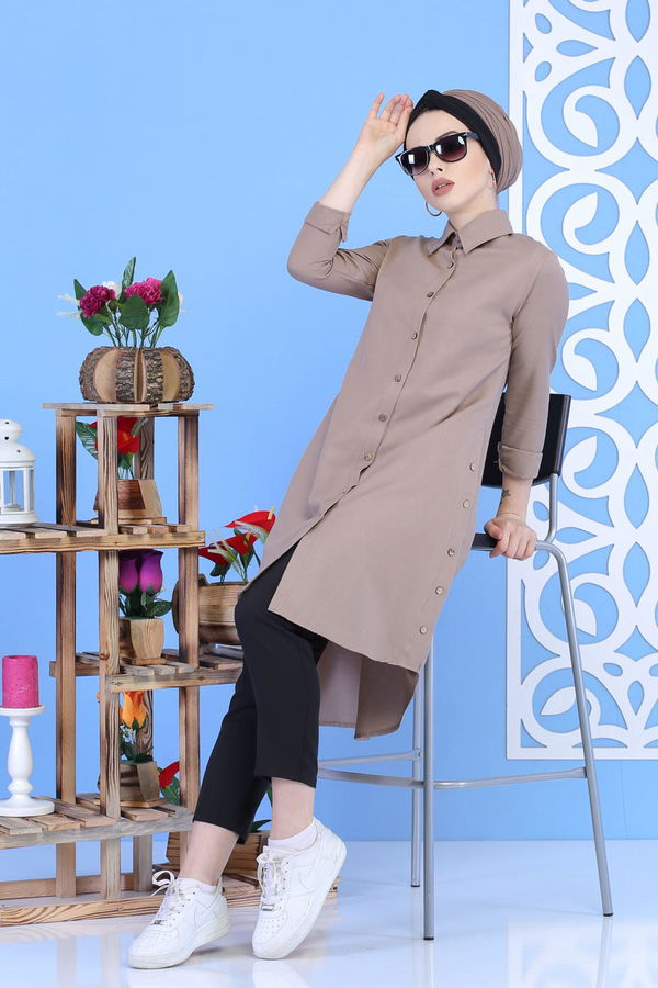 Düz Orta Kadın Vizon Gömlek Tunik Siyah  - 7236