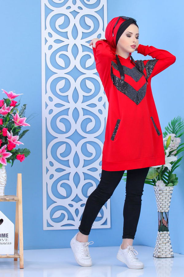 Düz Orta Kadın Kırmızı Tunik - Kırmızı 02 7332 - 7332 Kırmızı