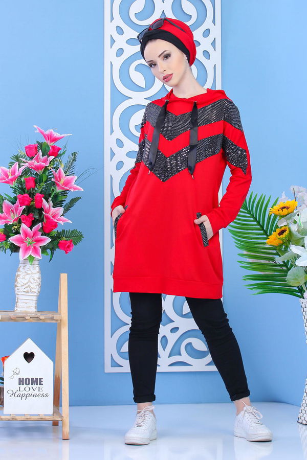 Düz Orta Kadın Kırmızı Tunik - Kırmızı 02 7332 - 7332 Kırmızı