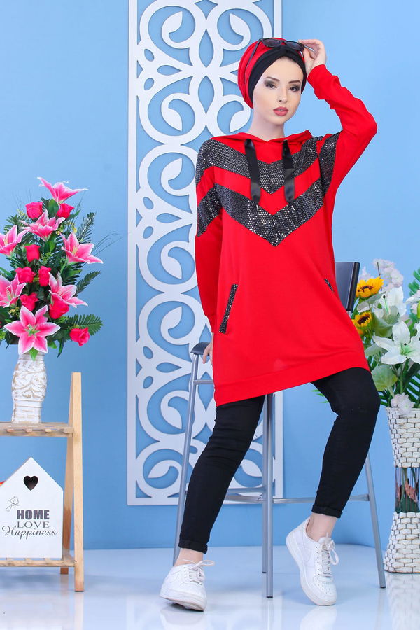 Düz Orta Kadın Kırmızı Tunik - Kırmızı 02 7332 - 7332 Kırmızı