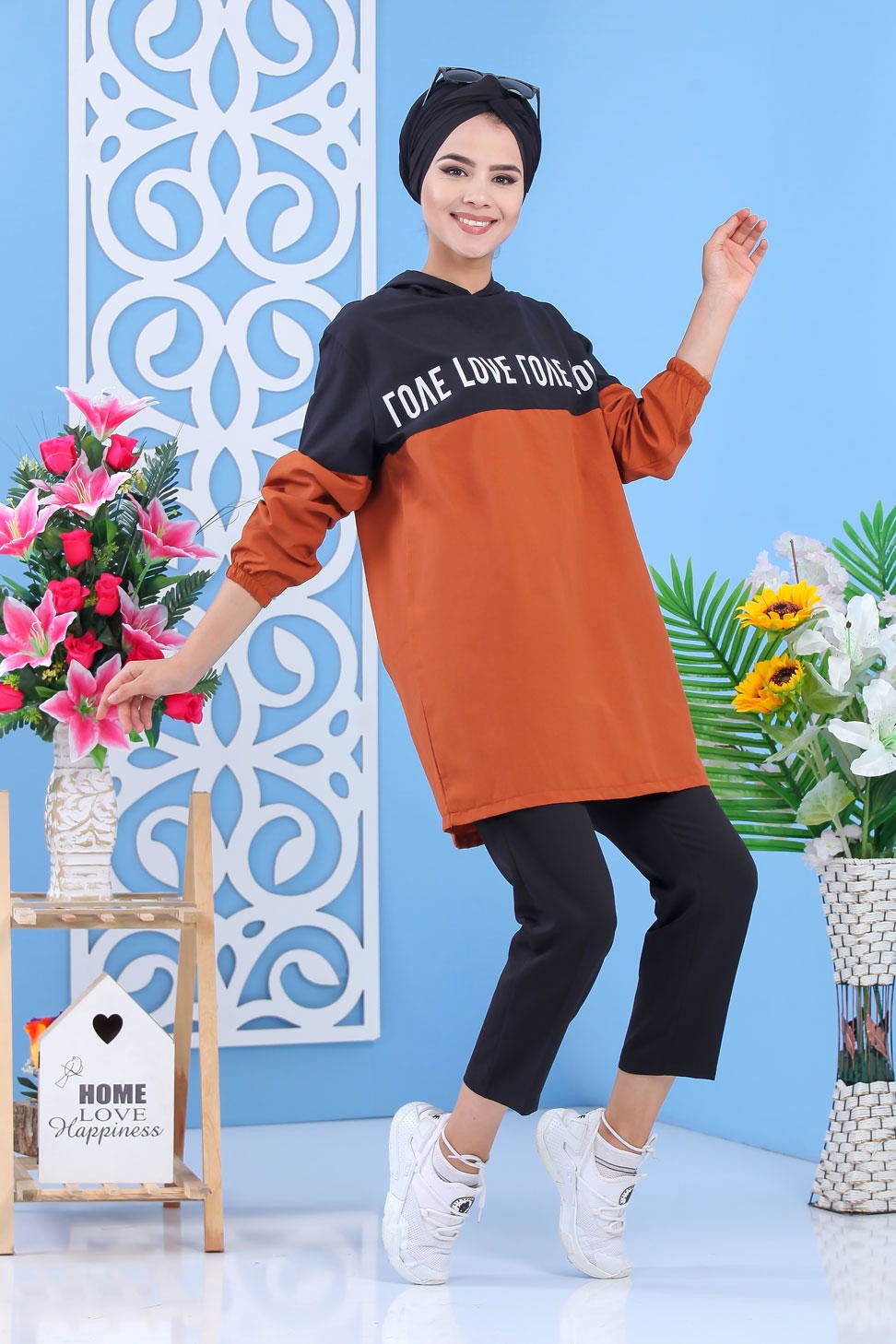Düz Orta Kadın Kiremit Baskılı Tunik Kremit - 02 7100 - 7100