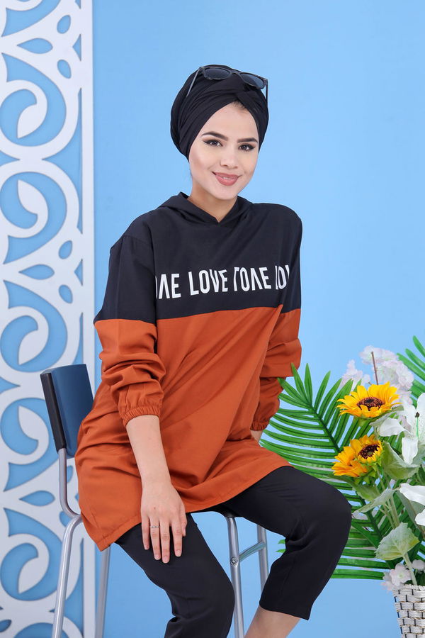 Düz Orta Kadın Kiremit Baskılı Tunik Kremit - 02 7100 - 7100
