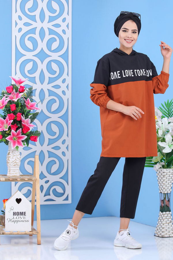 Düz Orta Kadın Kiremit Baskılı Tunik Kremit - 02 7100 - 7100