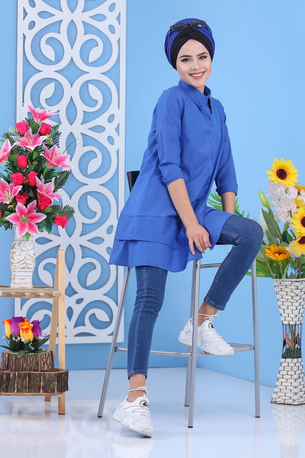 Düz Orta Kadın Mavi Tunik Saks - 02 7282 - 7282 MAVİ