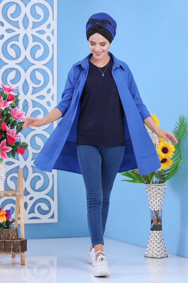 Düz Orta Kadın Mavi Tunik Saks - 02 7282 - 7282 MAVİ