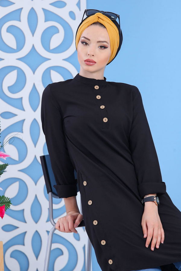 Düz Orta Kadın Siyah Dügme Detay Tunik Siyah - 02 7310 - 7310