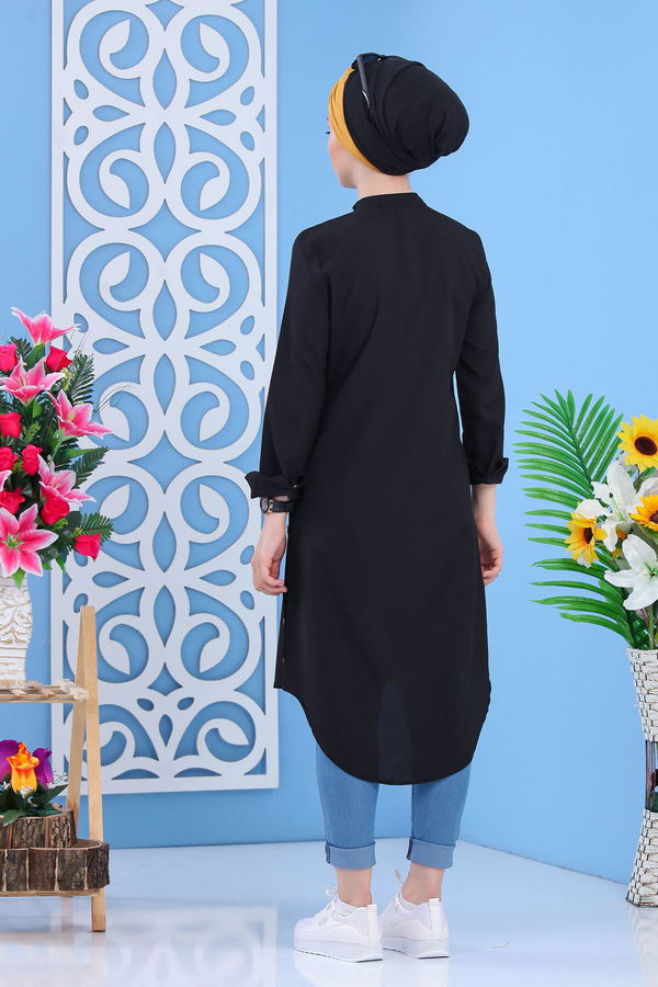 Düz Orta Kadın Siyah Dügme Detay Tunik Siyah - 02 7310 - 7310