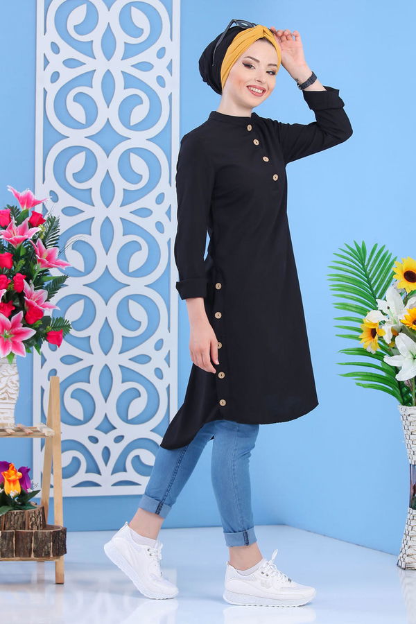 Düz Orta Kadın Siyah Dügme Detay Tunik Siyah - 02 7310 - 7310