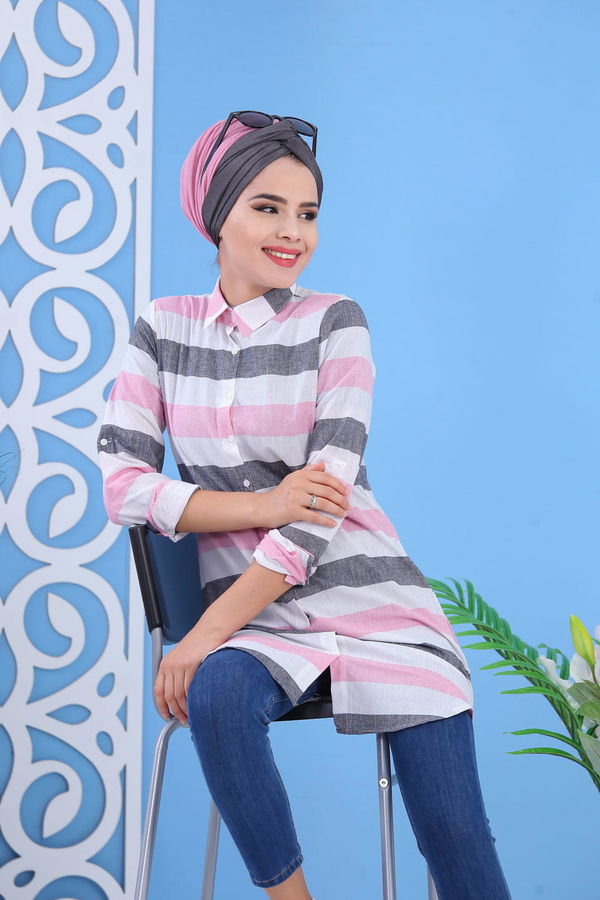 Düz Orta Kadın Pembe Çizgili Tunik Pembe - 02 7393 - 7393