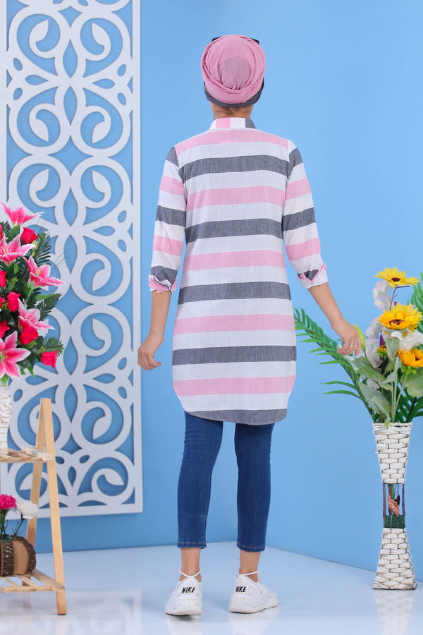 Düz Orta Kadın Pembe Çizgili Tunik Pembe - 02 7393 - 7393