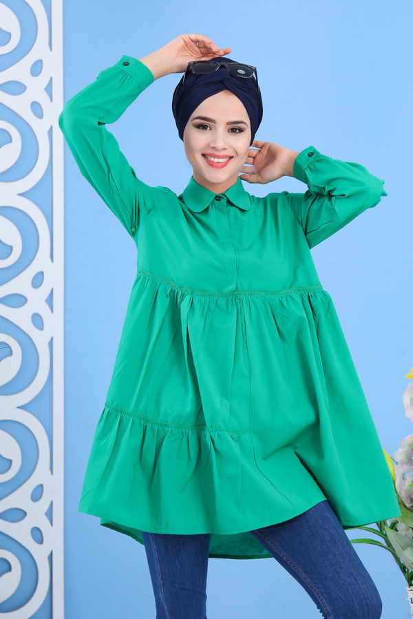 Düz Orta Kadın Yeşil Büzgülü Tunik Zümrüt -02 7401 - 7401 YEŞİL