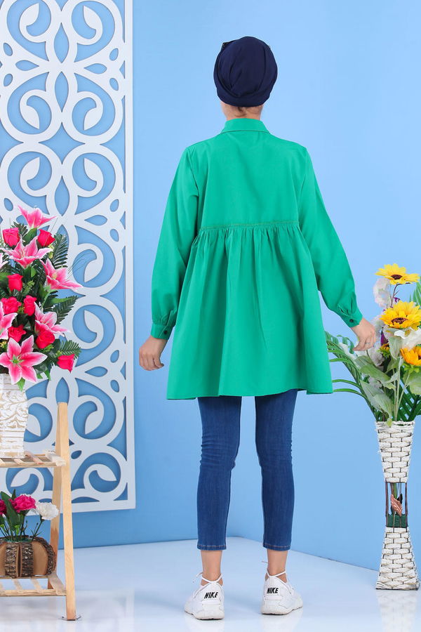 Düz Orta Kadın Yeşil Büzgülü Tunik Zümrüt -02 7401 - 7401 YEŞİL