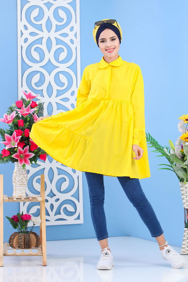 Düz Orta Kadın Sarı Büzgülü Tunik Sarı -02 7401 - 7401