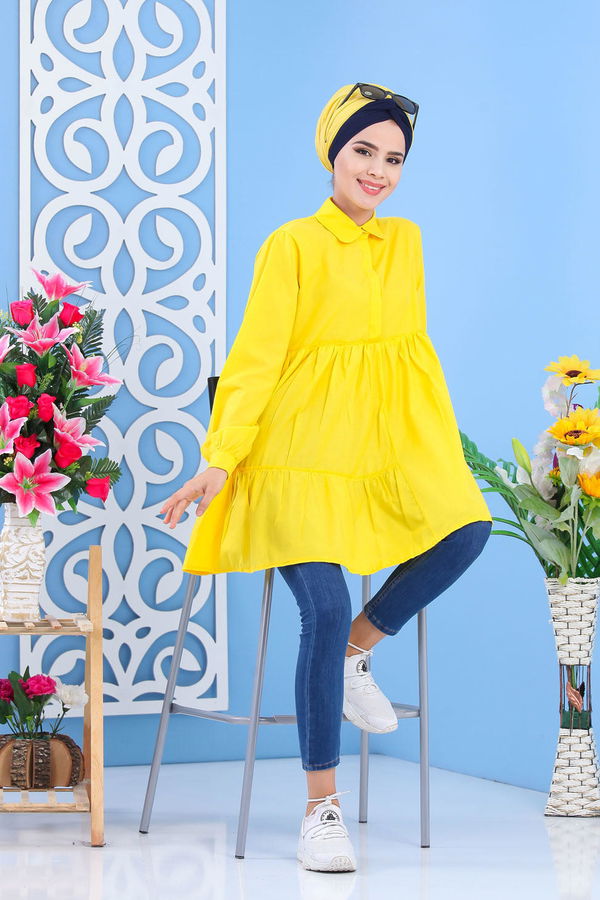 Düz Orta Kadın Sarı Büzgülü Tunik Sarı -02 7401 - 7401