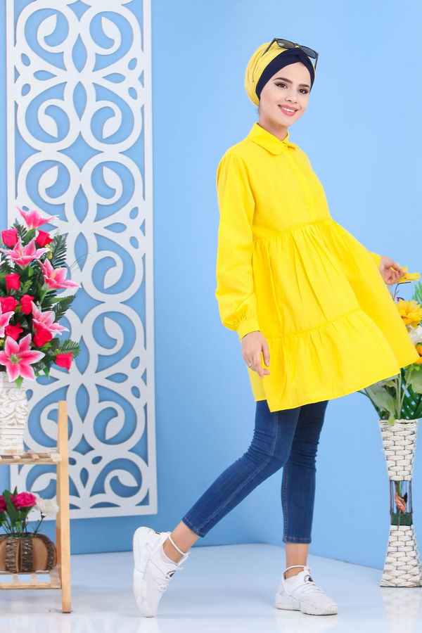 Düz Orta Kadın Sarı Büzgülü Tunik Sarı -02 7401 - 7401