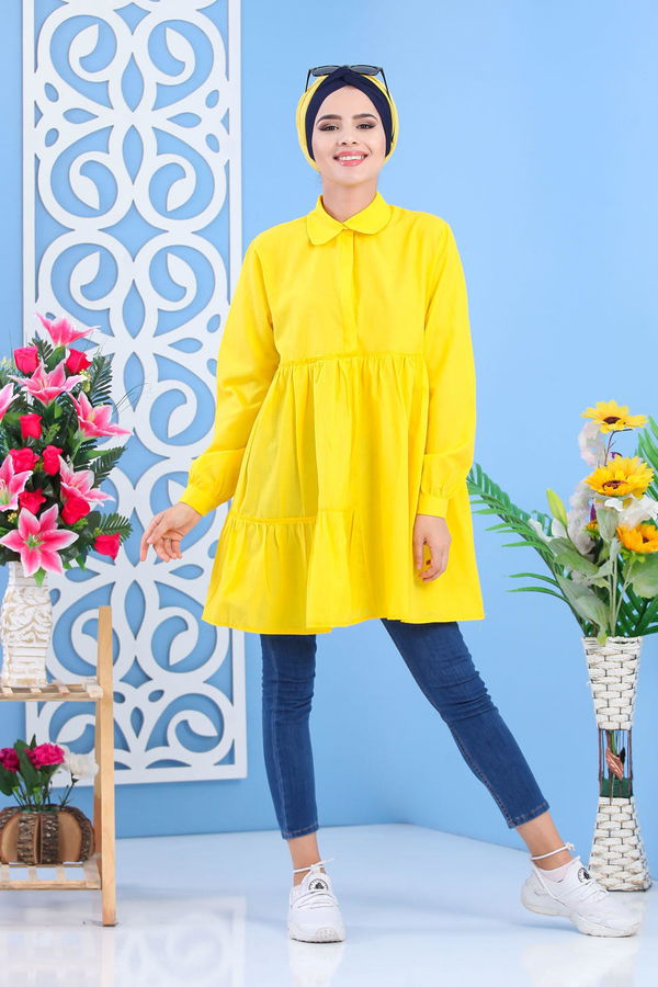 Düz Orta Kadın Sarı Büzgülü Tunik Sarı -02 7401 - 7401
