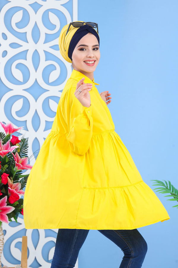 Düz Orta Kadın Sarı Büzgülü Tunik Sarı -02 7401 - 7401