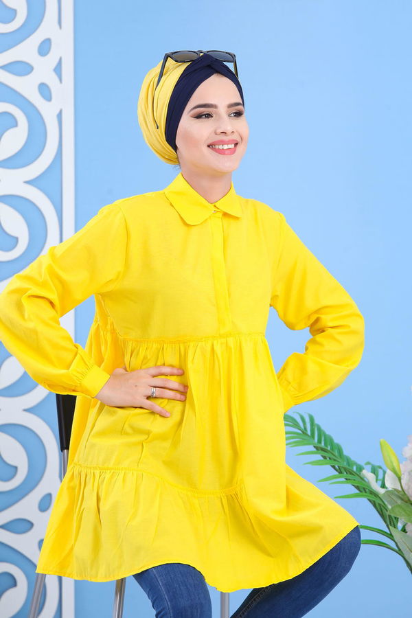 Düz Orta Kadın Sarı Büzgülü Tunik Sarı -02 7401 - 7401