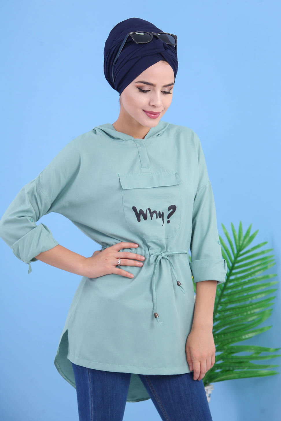 Düz Orta Kadın Yeşil Kapşonlu Tunik Mint - 02 7118 - 7118