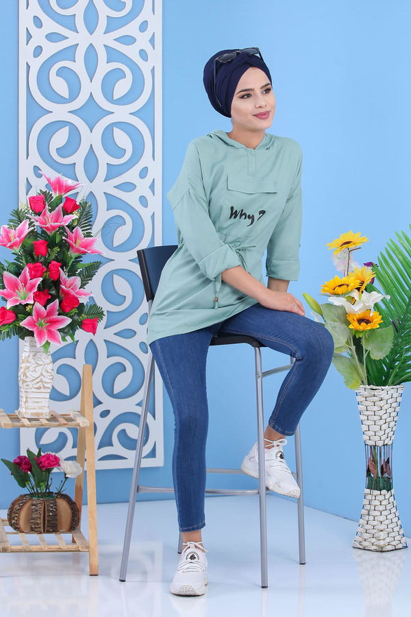 Düz Orta Kadın Yeşil Kapşonlu Tunik Mint - 02 7118 - 7118