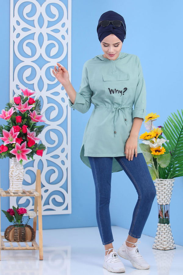 Düz Orta Kadın Yeşil Kapşonlu Tunik Mint - 02 7118 - 7118