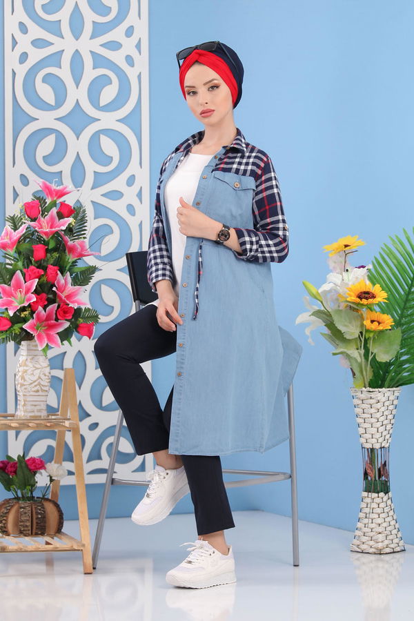 Düz Orta Kadın Lacivert Ekose Kot Tunik Lacivert - 02 7409 - 7409