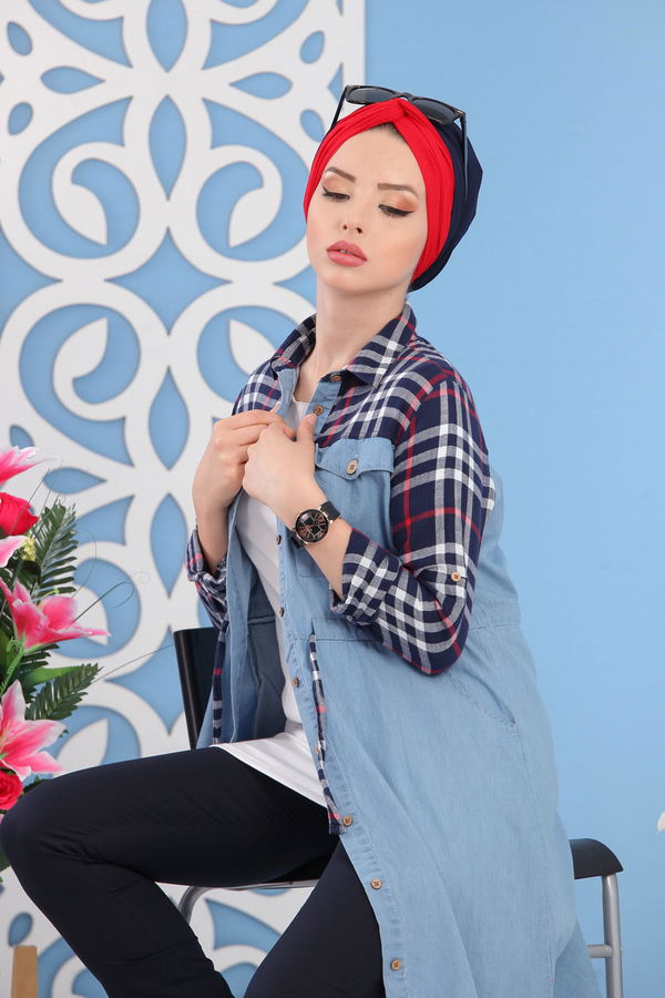 Düz Orta Kadın Lacivert Ekose Kot Tunik Lacivert - 02 7409 - 7409