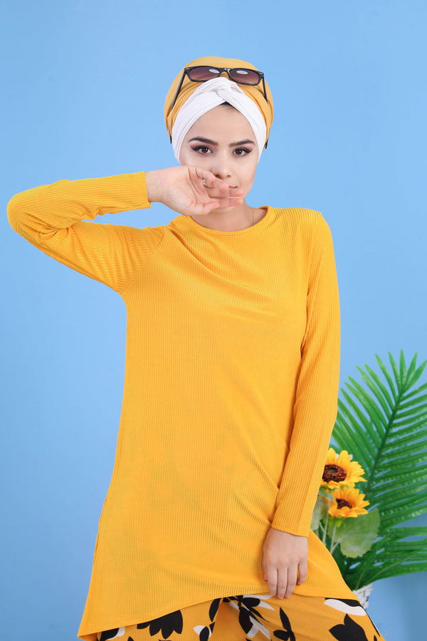 Düz Orta Kadın Sarı Tunik Pantolon Siyah  - 7413