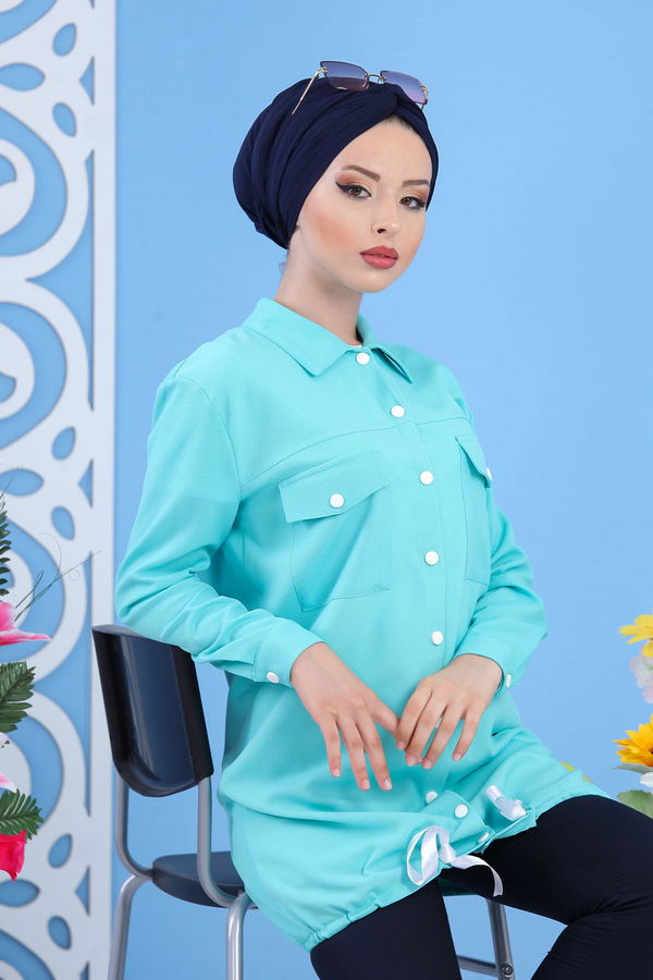 Düz Orta Kadın Yeşil Tunik Pudra  - 1227
