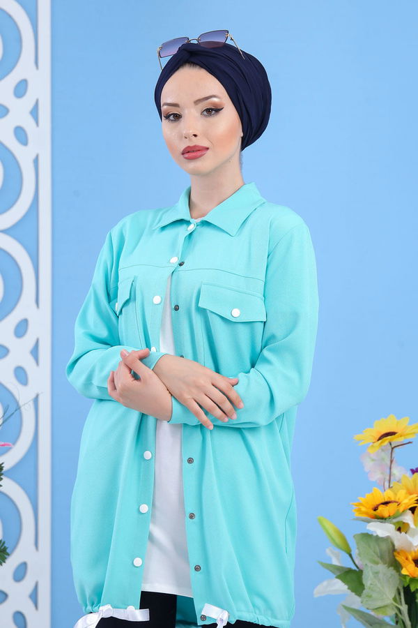 Düz Orta Kadın Yeşil Tunik Pudra  - 1227