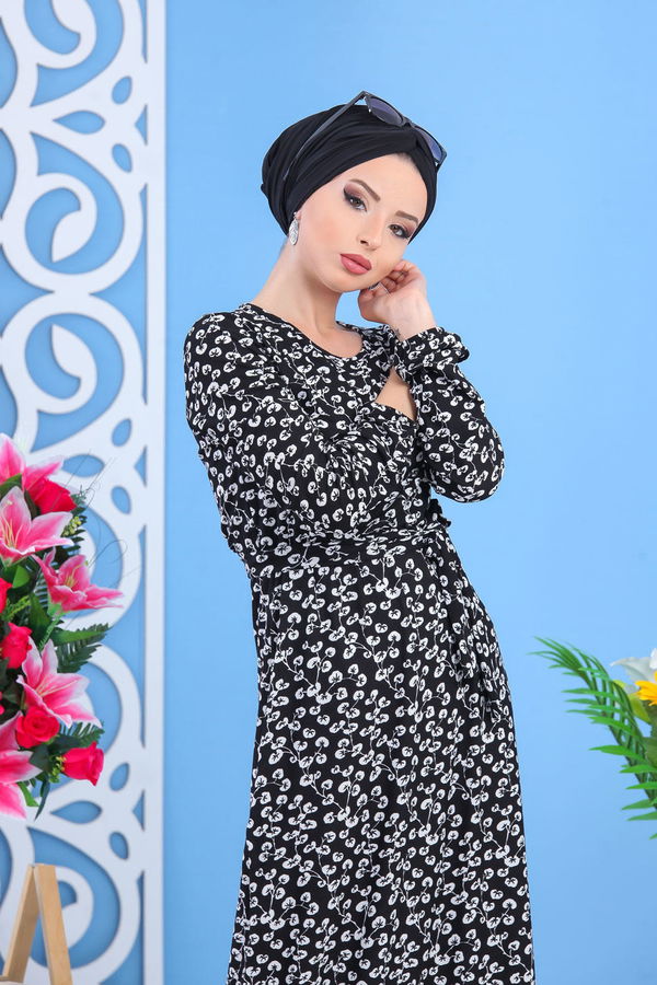 Düz Orta Kadın Siyah Desen Elbise Siyah  - 7427