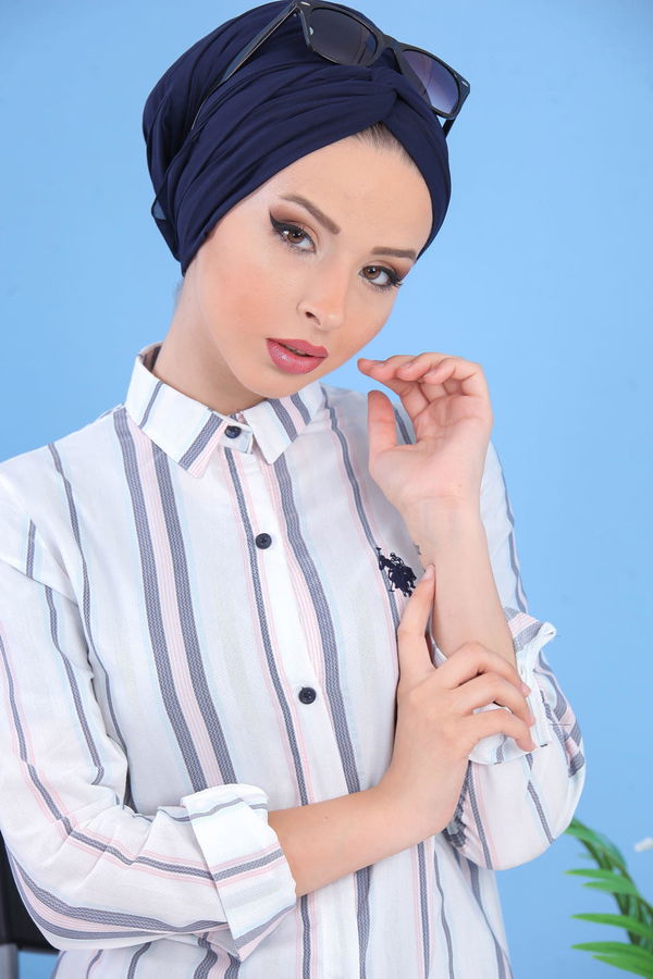 Düz Orta Kadın Beyaz Çizgili Tunik Beyaz  - 7433