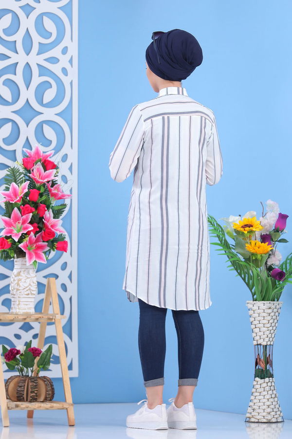 Düz Orta Kadın Beyaz Çizgili Tunik Beyaz  - 7433