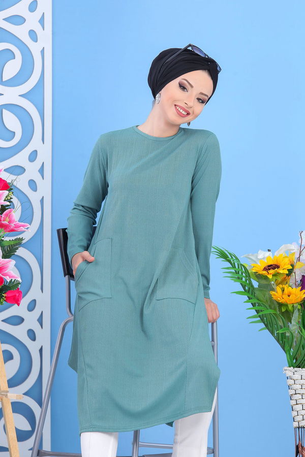 Düz Orta Kadın Yeşil Tunik Siyah  - 7434