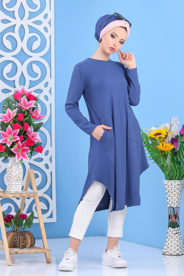 Düz Orta Kadın Mavi Tunik Siyah  - 7434