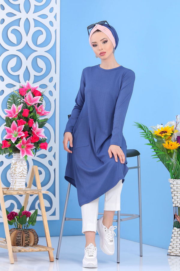 Düz Orta Kadın Mavi Tunik Siyah  - 7434