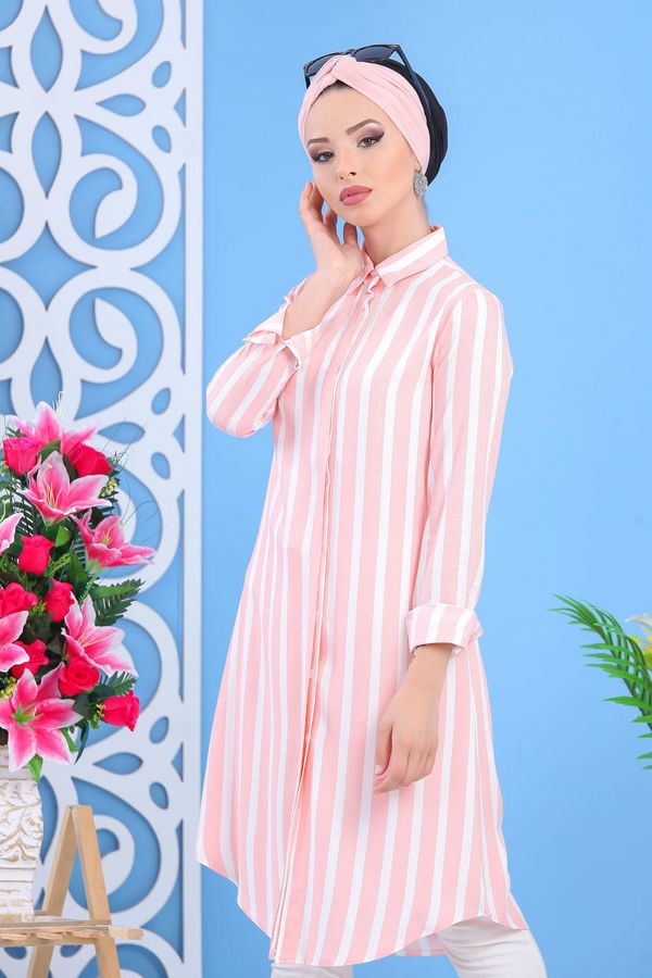 Düz Orta Kadın Pembe Çizgili Tunik Siyah  - 7436