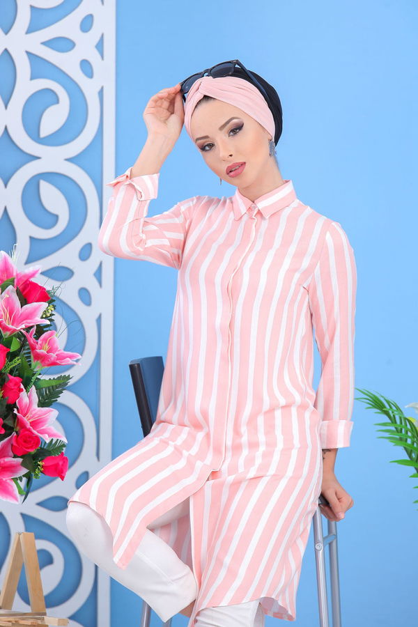 Düz Orta Kadın Pembe Çizgili Tunik Siyah  - 7436