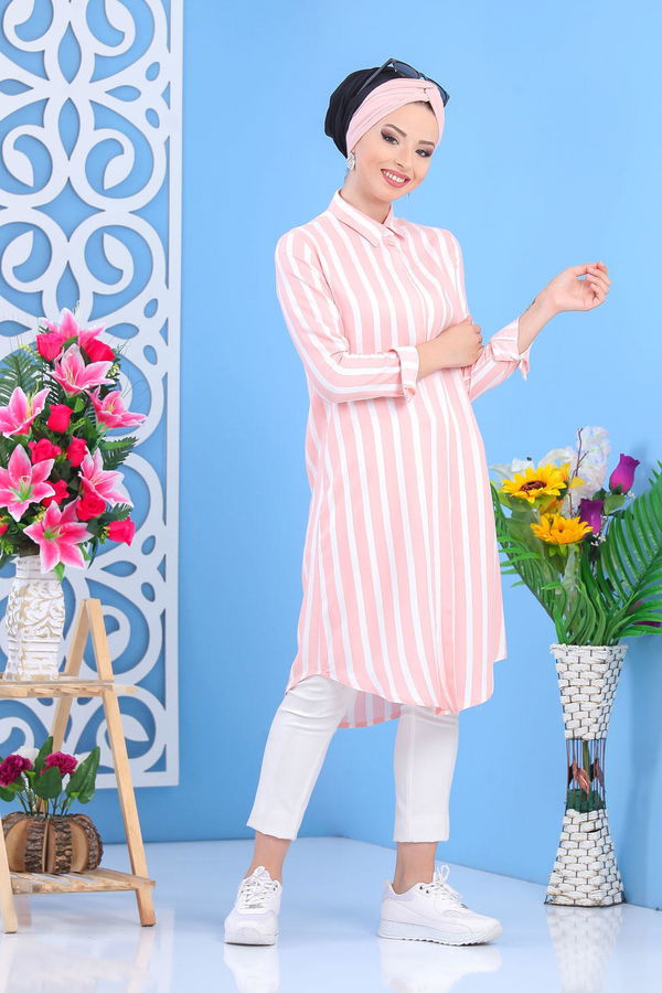 Düz Orta Kadın Pembe Çizgili Tunik Siyah  - 7436
