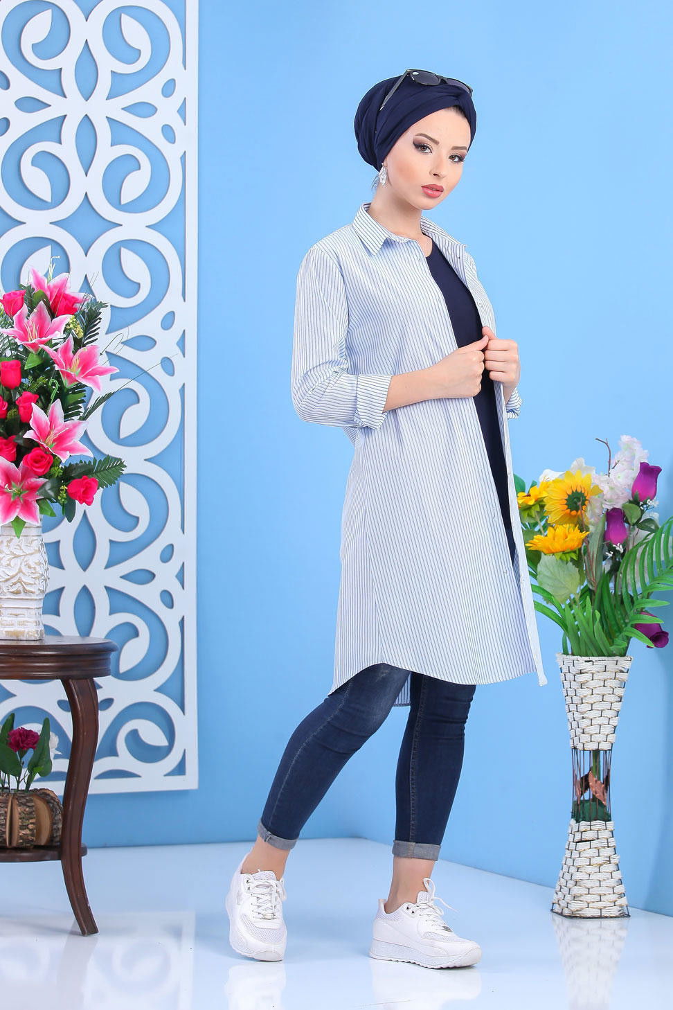 Düz Orta Kadın Mavi Çizgili Tunik Pembe  - 7442