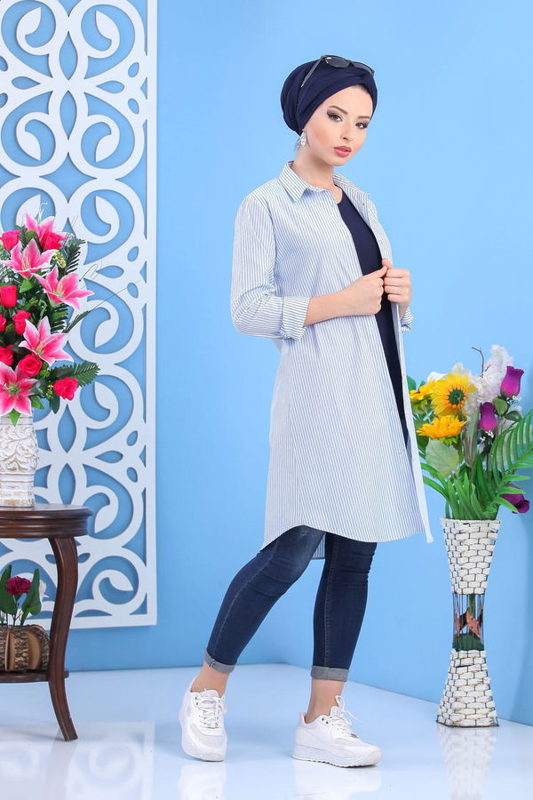 Düz Orta Kadın Mavi Çizgili Tunik Pembe  - 7442