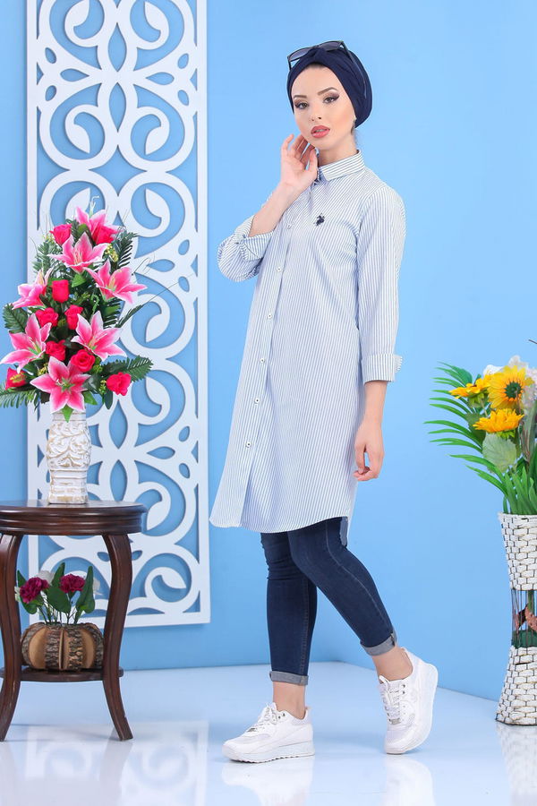 Düz Orta Kadın Mavi Çizgili Tunik Pembe  - 7442