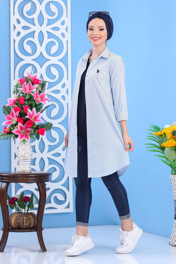 Düz Orta Kadın Mavi Çizgili Tunik Pembe  - 7442